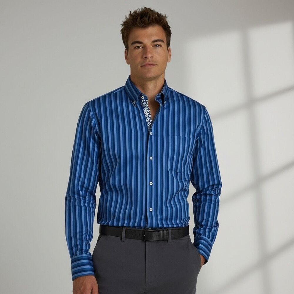 Robert‎ Graham Knowledge Wisdom Unity Blue Striped Dress Shirt L XL 43 17 Crest